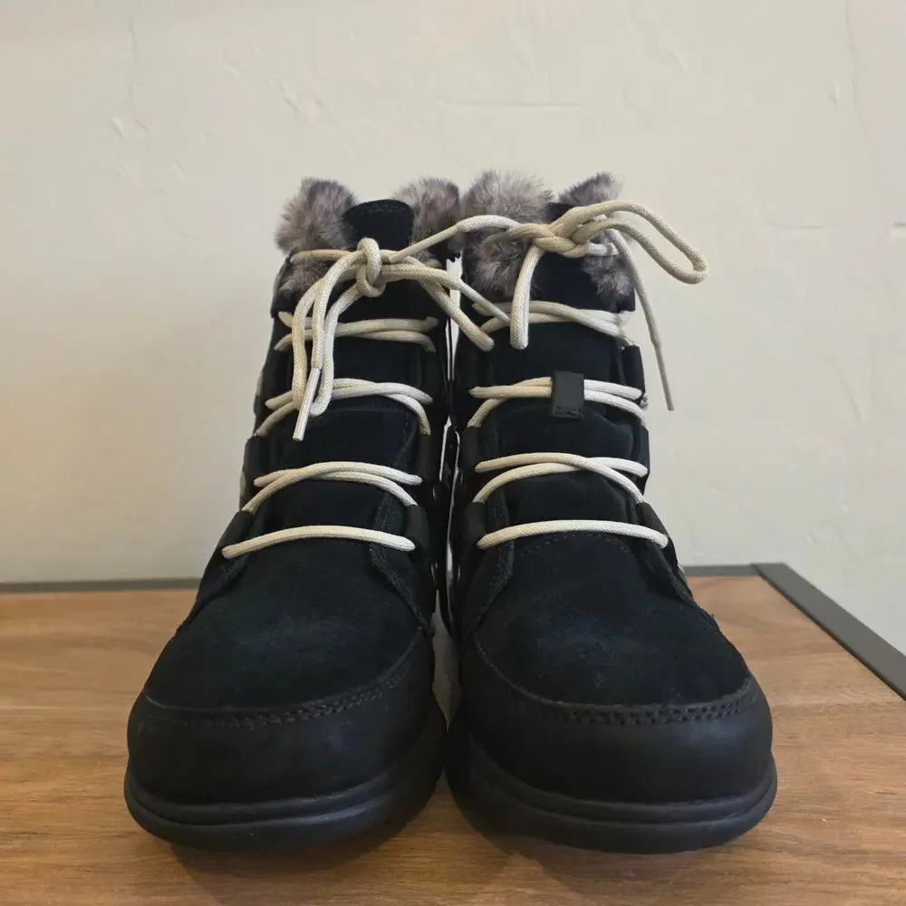 SOREL Explorer Joan Black Suede Waterproof Winter Boots Faux Fur Women Size 6.5